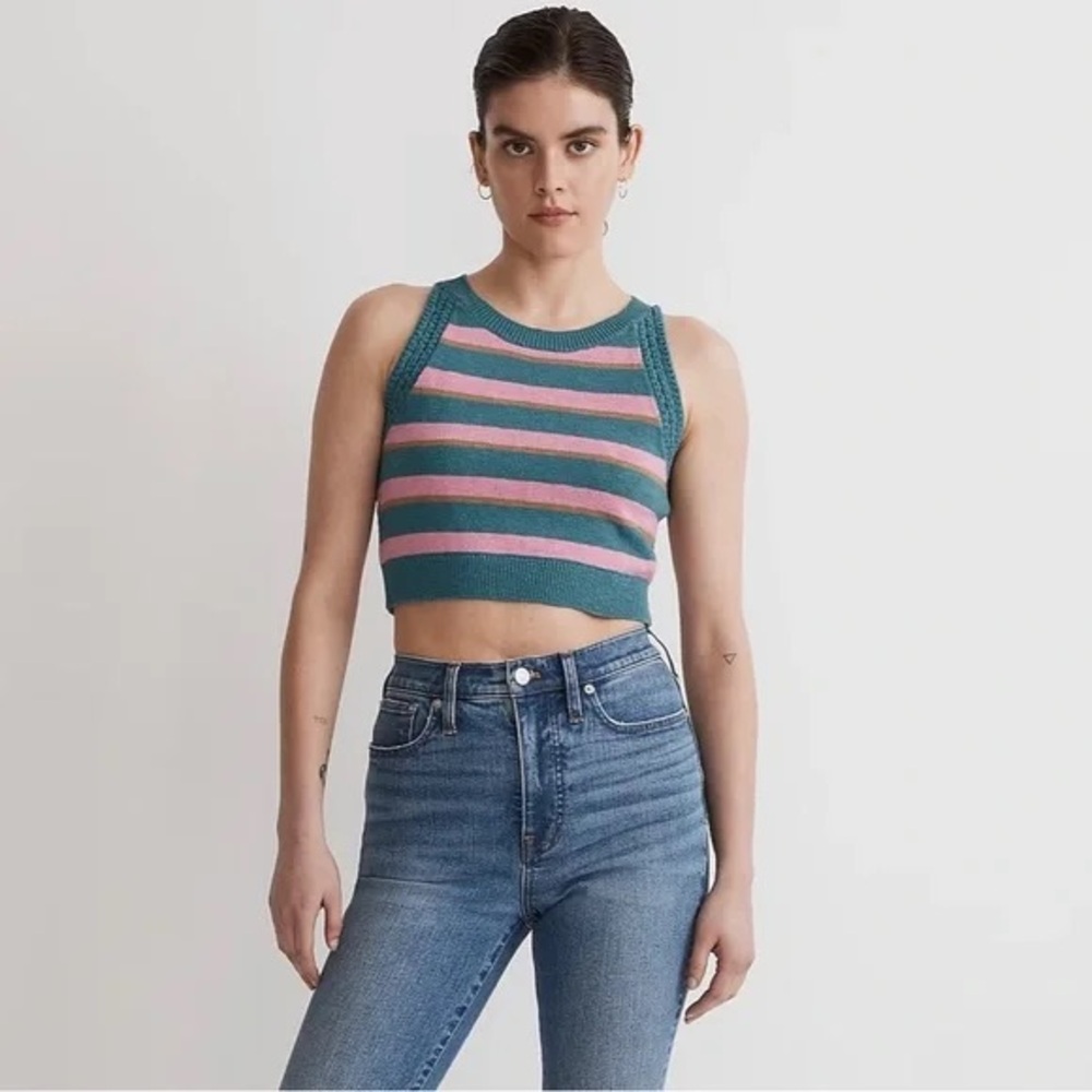 Madewell Crochet-Trim Crop Sweater Tank in the Stripe Retro Pink colorway